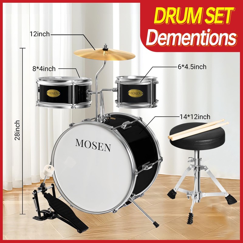 MOSEN Drum Set 3-Piece Beginner Drum Set Junior Drum Kit