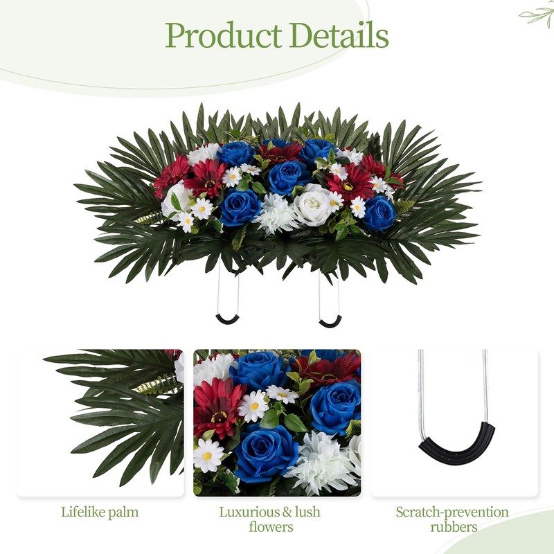 Memobloom Headstone Flower Saddle Arrangements - Artificial Cemetery Flowers Silk