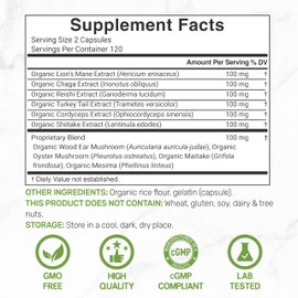 Organic 10-in-1 Mushroom Supplement, 240 Capsules – Lions Mane, Turkey Tail, Reishi, Cordyceps & More Mushroom Complex – Immune, Energy & Nootropic Brain Support – Non-GMO