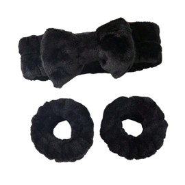 Set de Diadema y Pulseras para Baño de Moño negro, 1 Diadema Suave + 2 Bandas para Muñeca, Accesorios de Skin Care y Maquillaje, Perfectos para Lavarse la Cara y Mantener el Cabello Seco (banda negra, 3pzs)