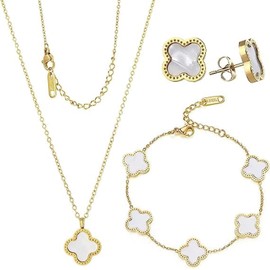Genseion 18k Gold Plated Lucky Clover Sets Bracelets Earring Necklace Pendant for Women Fashion Cute Simple Jewelry Womens Girls Gift, Titanium steel, No Gemstone white