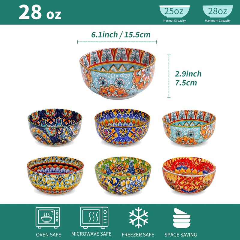 Boho Bowl Set of 6, 28 oz Colorful Ceramic Soup