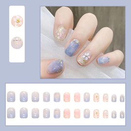 Domiya Nail Tip, 3D Nails, 24 Pieces, Very Short, Popular, Nail Stickers, Cute False Nails, Short, Round Tip, Fashion Nail (Blue Smoke Rain)