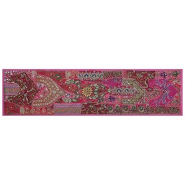 Ethnic Cotton Decorative Indian Dinning Art Table Patchwork Beads Embroidered Room Handmade Decor Cloth Table Runner (Fuchsia, 16" x 60")