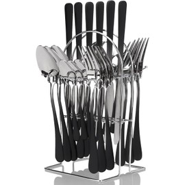 24 Pieces Flatware Set,Stainless Steel Silverware Set with Color Handles,Cutlery Set Service for 6,Include Dinner Knives Forks Spoons,Flatware Utensil Set with Holder,Mirror Polish (Black)
