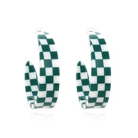 ONLYJUMP Checkerboard Hoop Earrings for Women Colorful Acrylic Resin Checker Black White Grid Lightweight Open C shaped Earrings Y2k Lightweight Xmas Jewelry Gift (Green)