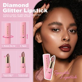 Wugbc Glitter Lipstick Metallic Lip Stick Long Lasting Waterproof High Shine Diamond Creamy Shimmer Lipstick for Women Transfer Proof Full Coverage Sparkling Brown Red Lip Crayon Color Makeup, 8