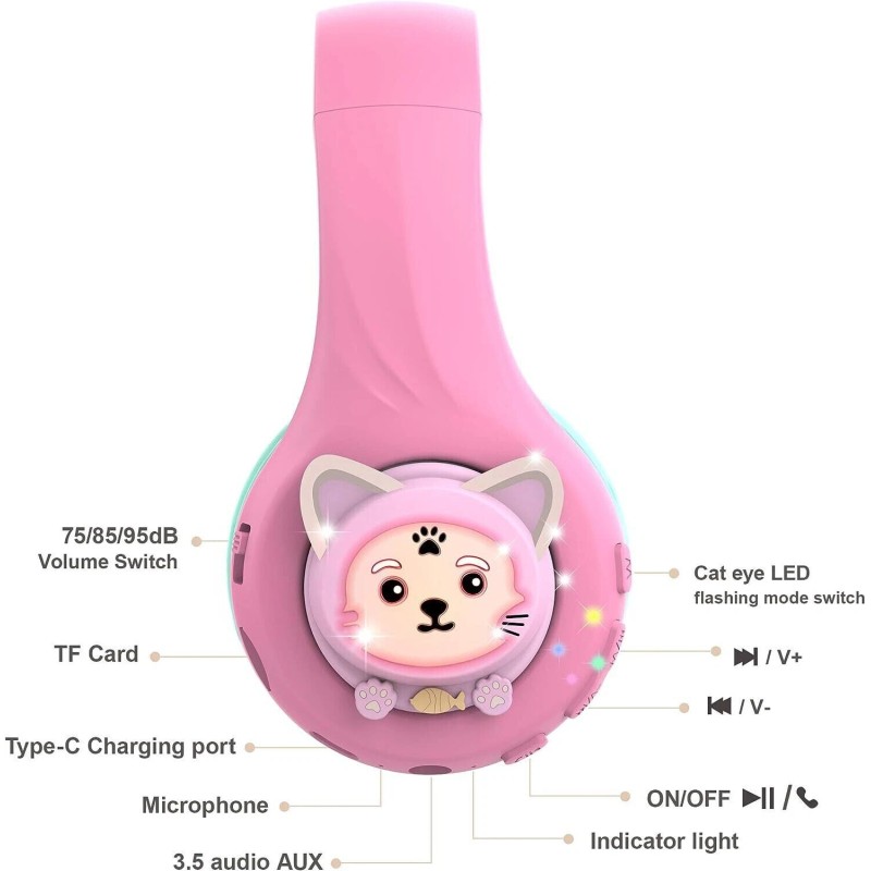 Riwbox Baosilon Cat Kids Headphones LED Light Volume Limited Bluetooth