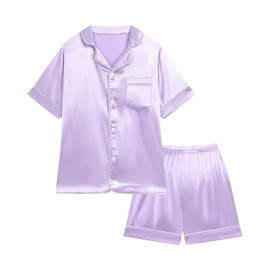 Miyanuby Girls Boys Pyjamas Set Button-up Silk Satin Pajamas Sleepwear Nightwear 2 Pieces Clothes Set Gifts for Baby Girls Boys
