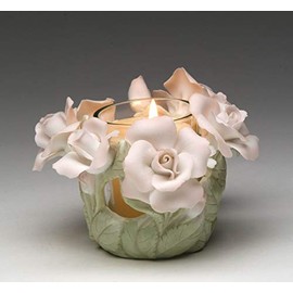30642 Fine Porcelain Hand Painted Roses with Glass Cup Tealight Votive Candle Holder (Candle NOT Included), 5"
