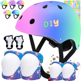 Comforhous Color Gradient Kids Bike Helmet and Pads Adjustable Helmet for Kids Protective Gear Set with Elbow Knee Pads Wrist Guards for Cycling Bicycle