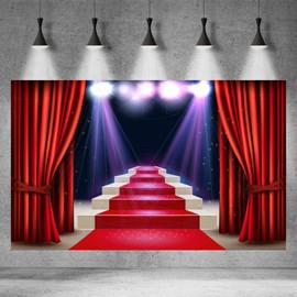 Theater Stage Backdrop Red Curtain Stage Photography Background Lights Wooden Floor Festival Celebration Red Carpet Background Children Adults Portraits Photo Video Studio Decor 7x5ft
