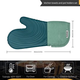 Dorkuova Silicone Oven Mitt Pack,Cotton Lined Gloves, BPA-Free, Long Cooking Mitts and Trivet Mats, Silicone Grilling Gloves for BBQ, 2 Pieces, (Green)