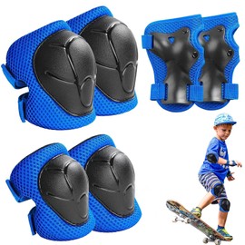 Kids Knee Pads, 6Pcs Kids Knee And Elbow Pads, Kid Sports Protective Gear Set for Skateboard Roller Skating Biking and Outdoor Multi-Sports (Black & Blue)