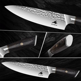 HAZMUSS Professional Hammered Chef Knife, 8 Inch High Carbon Stainless Steel Blade, Essential Sharp Kitchen Knive for Home - Chopping, Dicing, Slicing, Ergonomic Pakkawood Handle