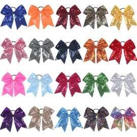 Large Sequin Cheer Hair Bow, Elastic Hair Tie with Ribbon, Ponytail Holder, Grey
