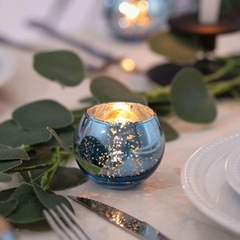 LAMORGIFT 24 Pcs Blue Votive Candle Holders Bulk- Blue Tealight Candle Holders for Wedding Decor, Mercury Glass Votives for Bridal Shower, Baby Shower Table Centerpieces