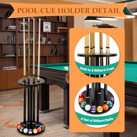 Pool Stick Holder Floor Stand - Round Billiard Cue Rack Pool Table Accessories Holds 8 Pool Cues, Wooden Freestanding Pool Cue Rack Billiards Table Stand for Game Room Billiard Room Decor(Black)