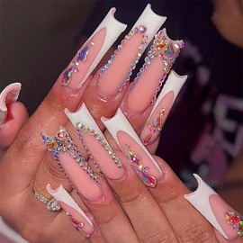 QQPPOLIU Long Press on Nails Square Shape Cute Fake Nails Pink with Rhinestones Design White French Tip False Nails Summer Glue on Nails for Women 24pcs