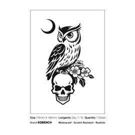 kobench Cool Temporary Tattoos,Owl Standing On Skull - K3 Design,Waterproof,Easy-to-Apply,Long Lasting 1-2 Weeks, Plant-Based,Skull Tattoos