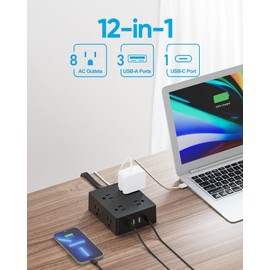 olcorife Surge Protector Power Strip, Olcorife 15ft Long Extension Cord with 8 Outlets 4 USB Ports(1 USB C), Flat Wall Plug Outlet Extender, College Dorm Room Essentials, Black