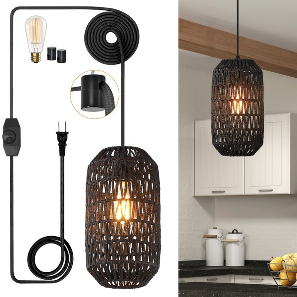 Ruzectt Ruzectt Plug in Pendant Light Rattan Hanging Lights with