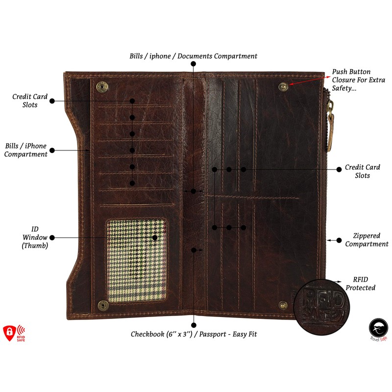 Genuine Leather RFID Blocking Long Wallet – Vintage Bifold for