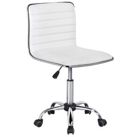 Yaheetech Adjustable Task Chair PU Leather Low Back Ribbed Armless Swivel White Desk Chair Office Chair Wheels