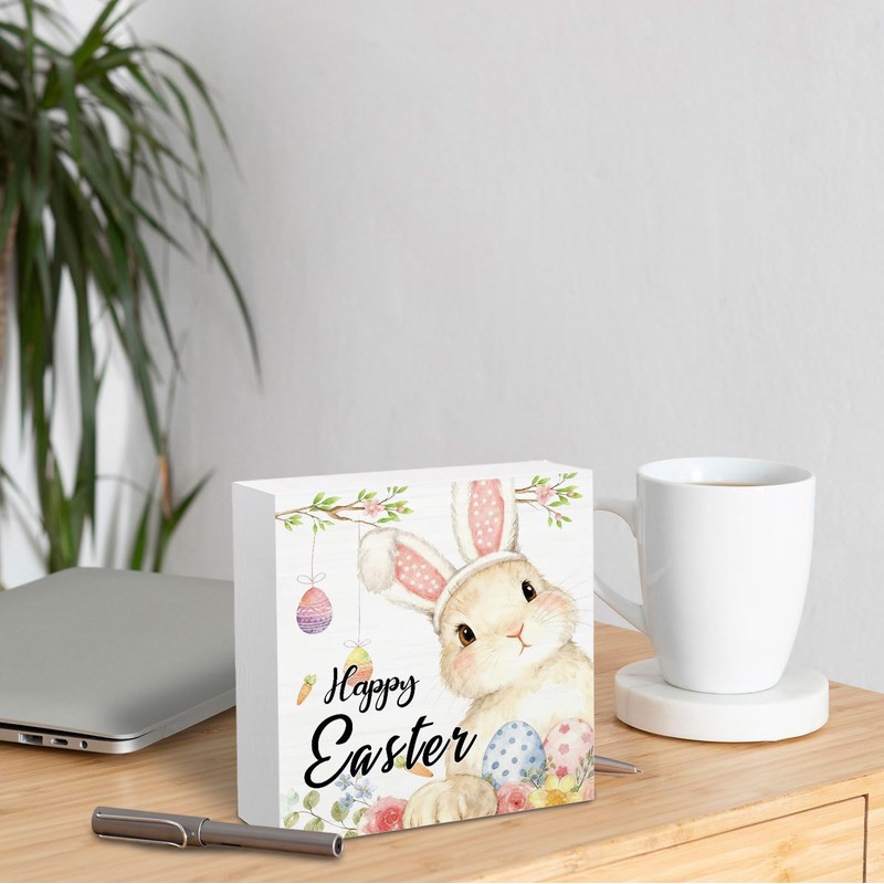 HYKDFMNCJ Happy Easter Bunny Wooden Box Sign Desk Decor, Easter
