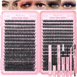 Lash Clusters Kit, 640 Pcs Eyelashes Clusters Extensions Kit 9-16mm Individual Lashes D Curl Fluffy Wispy False Eyelashes Thin Band, with Bond Seal Tweezers Brush DIY (80D-100D Kit)