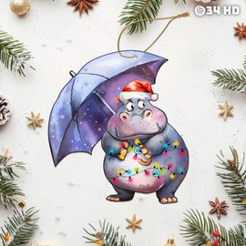34HD Gifts for Christmas, Hippo Christmas Ornament Wooden 2-Side Printed, Christmas Decorations for Trees, Hippopotamus for Christmas