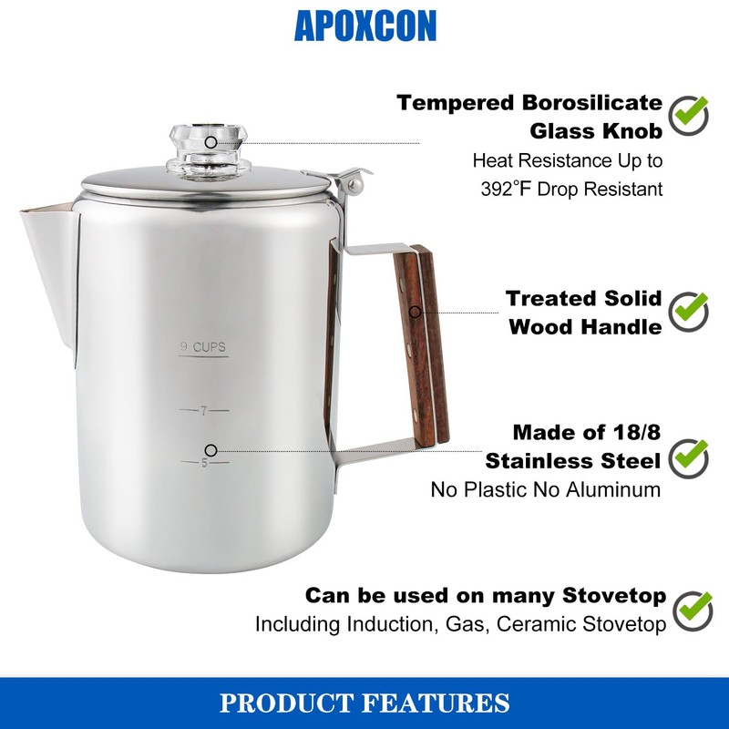 APOXCON Coffee Percolator Camping Coffee Pot Stainless Steel Coffee Maker