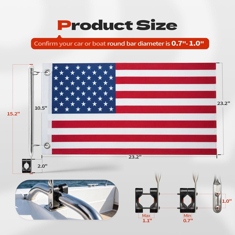 Pebbly Beach 2 PCS Boat Flag Pole Kit Universal, with