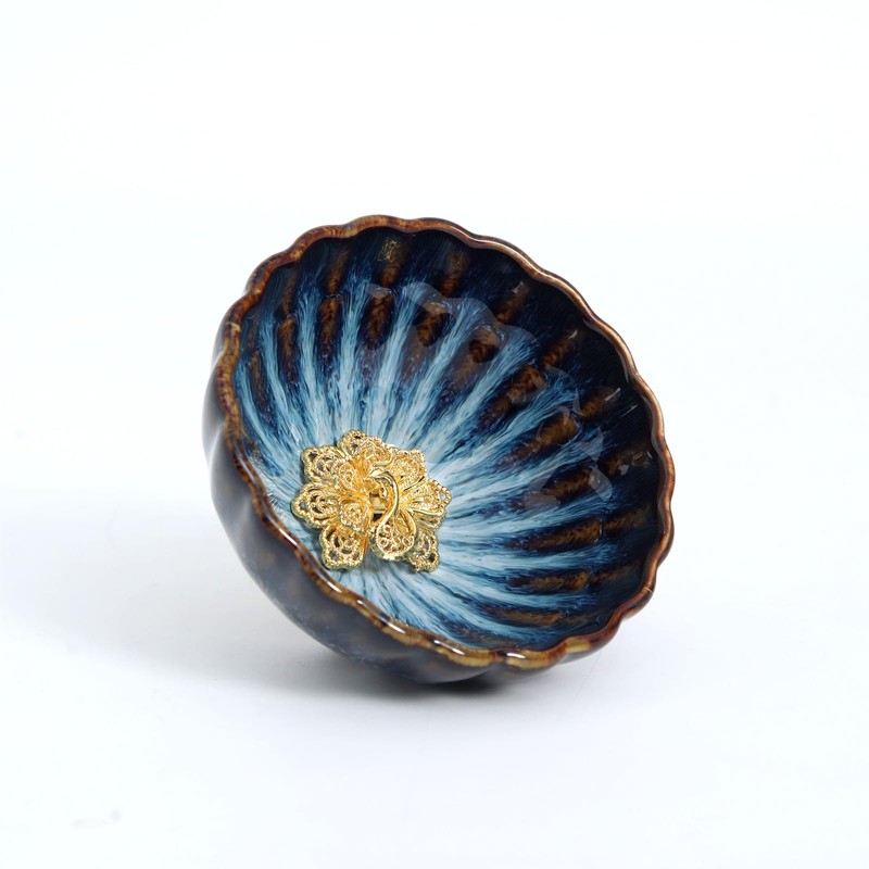 HOHCNA Jianzhan Tenmoku Tea Cup with Gold Peacock, 3D Chinese