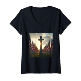 Womens Memorial Cross with American Flags at Sunset V-Neck T-Shirt