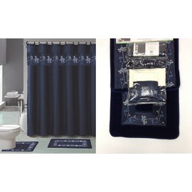 WPM 18 Piece Bath Rug Set Navy Blue Beige Flower Print Bathroom Rugs Shower Curtain/Rings and Towels Sets-Beverly Navy
