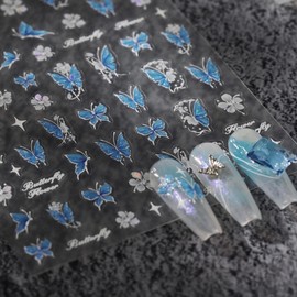 5D Embossed Blue Butterfly Nail Stickers Flowers Nail Art Stickers Floral Nail Decals Self-Adhesive Spring Stickers Summer Nail Supplies for Women Girls DIY Manicure