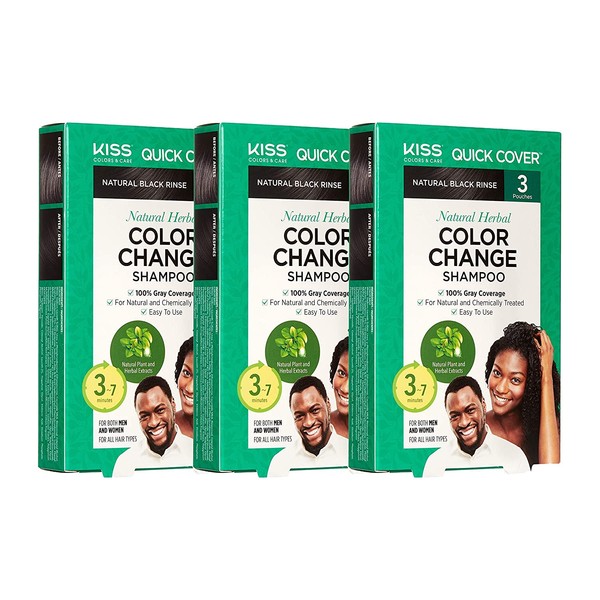 Kiss Quick Cover Natural Herbal Color Change Shampoo 3 Pouches (3 PACK, Natural Black)