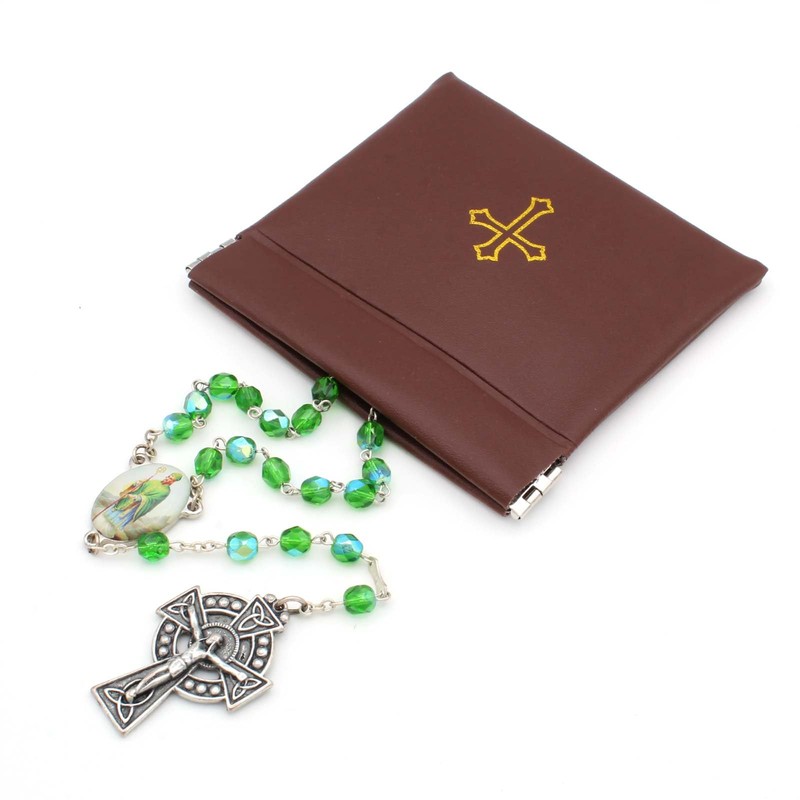 Squeeze Top Rosary Pouch Brown Vinyl with Gold Cross Imprint
