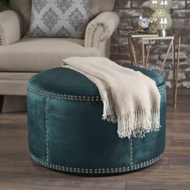 Christopher Knight Home Jaewon Studded Velvet Ottoman, Teal / Black