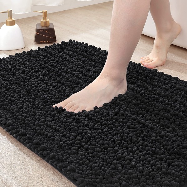 DEXI Chenille Shaggy Bath Rug,Extra Soft and Absorbent Shaggy Rugs,Perfect Plush Carpet Mats for Tub, Shower, and Bath Room,20"x32",Black