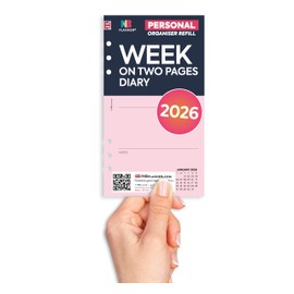 2026 Week on two pages diary refill insert | Pink paper | Filofax personal size COMPATIBLE | 95 x 171mm | UK holidays (Pink)