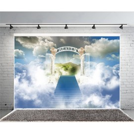 AOFOTO 10x7ft Stairway to Heaven Backdrop Paradise Gate Sky Clouds Stairs Photography Background Holy Light Heaven Sent Baby Shower Baptism Religion Church Christian Easter Party Banner Photo Props