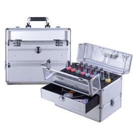 Clear Panel Top Nail Polish Makeup Train Case 16" Aluminum Professional Cosmetic Organizer Box with Slide Out Drawer (Silver)
