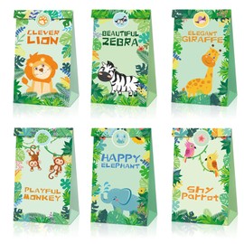 Jungle Safari Party Favor Bags 24 Pack with 36 PCS Stickers, Zoo Animals Theme Happy Birthday Party Bags Candy Goodies Bags Gift Bags for Kids Party Decorations Supplies