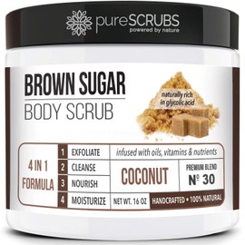 Premium BROWN SUGAR Body Scrub Exfoliating Set - Large 16oz COCONUT SCRUB For Face & Body, Infused Organic Essential Oils & Nutrients + FREE Wooden Stirring Spoon, Loofah & Mini Exfoliating Bar Soap