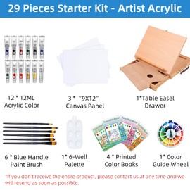 Falling in Art Tabletop Easel Set - 29 Pieces Starter Kit - Artist Acrylic Painting Kit with 12 Acrylic Paints Set, Canvas Panels, Brushes, Wooden Palette for Kids, Adults, Beginners, Professionals