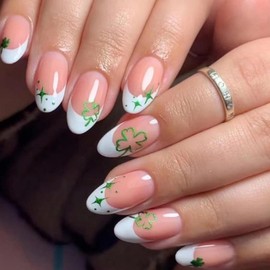 St.Patrick’s Day Press on Nails White French tips Medium Almond Fake Nails with Shamrock Designs Green Star False Nails Glossy Clover Nails Reusable Irish Nails for Women Girls Holiday Manicure 24pcs