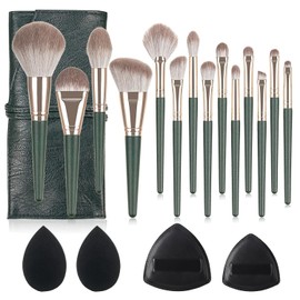 14Pcs Makeup Brushes Set with Bag, Makeup Brush Set with 2 Powder Puff & 2 Beauty Makeup Sponge, Foundation Brush Blending Powder Blush Eye Travel Makeup Brush Set (Green, 19 Pieces Set)