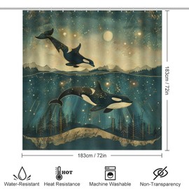 4Pcs Underwater Orcas Whale Shower Curtain, Starry Sky Star Moon Shower Curtain Sets with Toilet Lid Cover, U-Shaped Mat and Non-Slip Rugs, Bathroom Decor Set, 72" x 72"